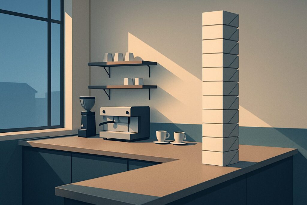 Minimalistischer Café-Tresen im Morgenlicht mit überhohem Stapel ungeöffneter Serviettenkartons