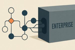 Symbolbild: unabhängiges Automatisierungs-Workflow-Netzwerk wird von einem großen Konzern-Block absorbiert